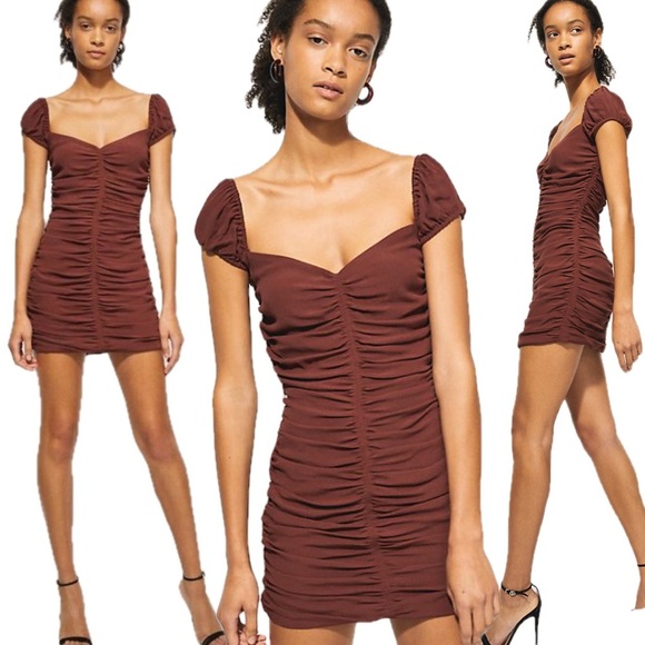 Wilfred Aritzia Brown Veda Ruched Off Shoulder Zip Up Bodycon Contour Mini Dress - Picture 1 of 17